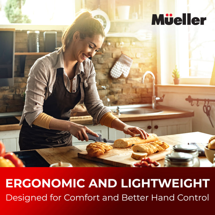 Woman in a kitchen cutting bread with Mueller Ultra Carver electric knife gray , featuring text about ergonomic and lightweight design.