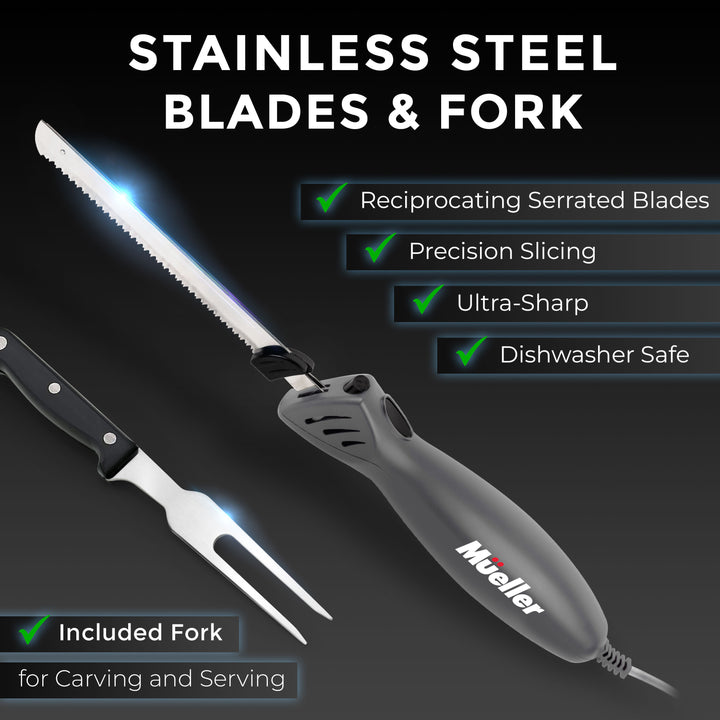 Stainless steel blades and fork with features listed on a black background