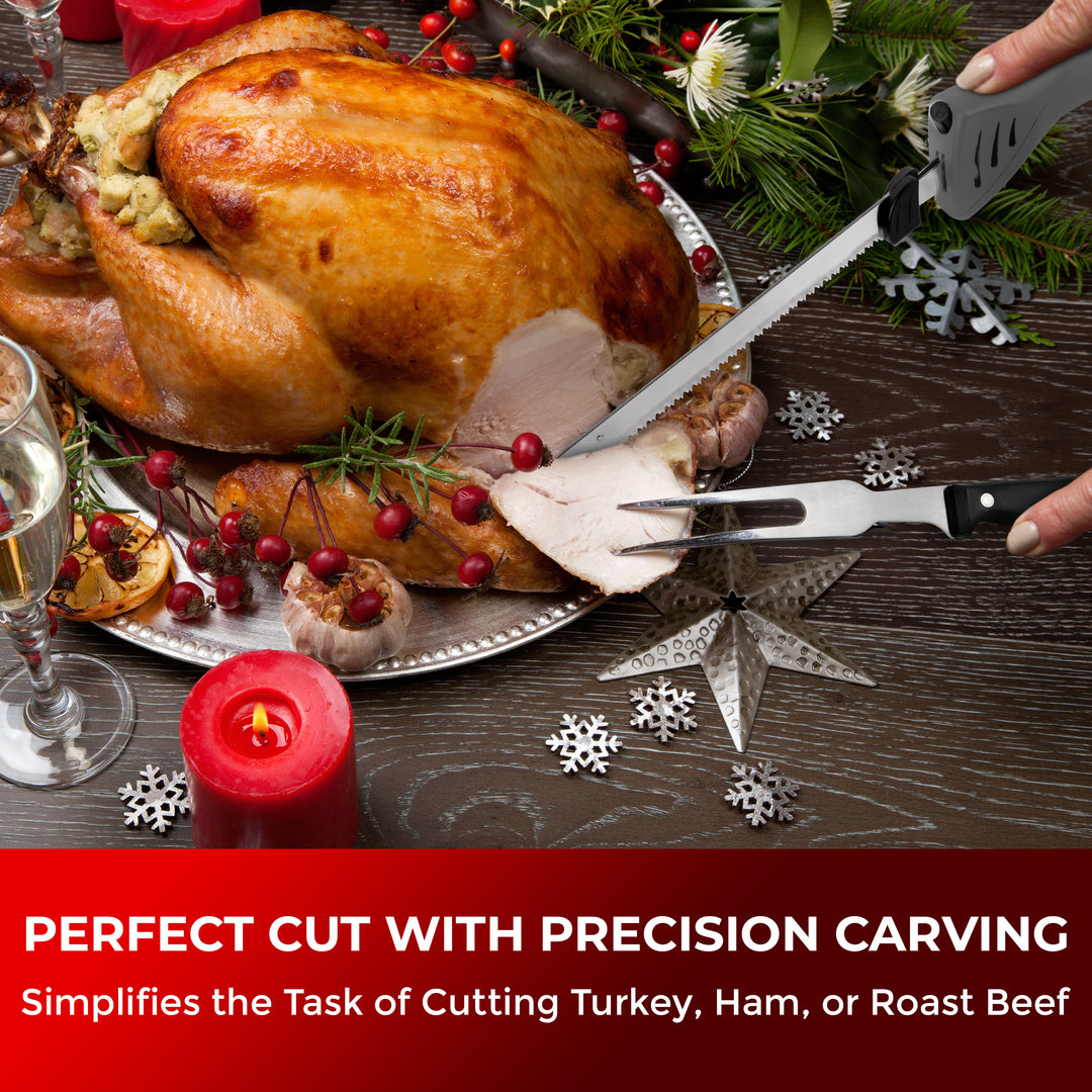Person carving a turkey with a precision carving tool on a festive table setting.