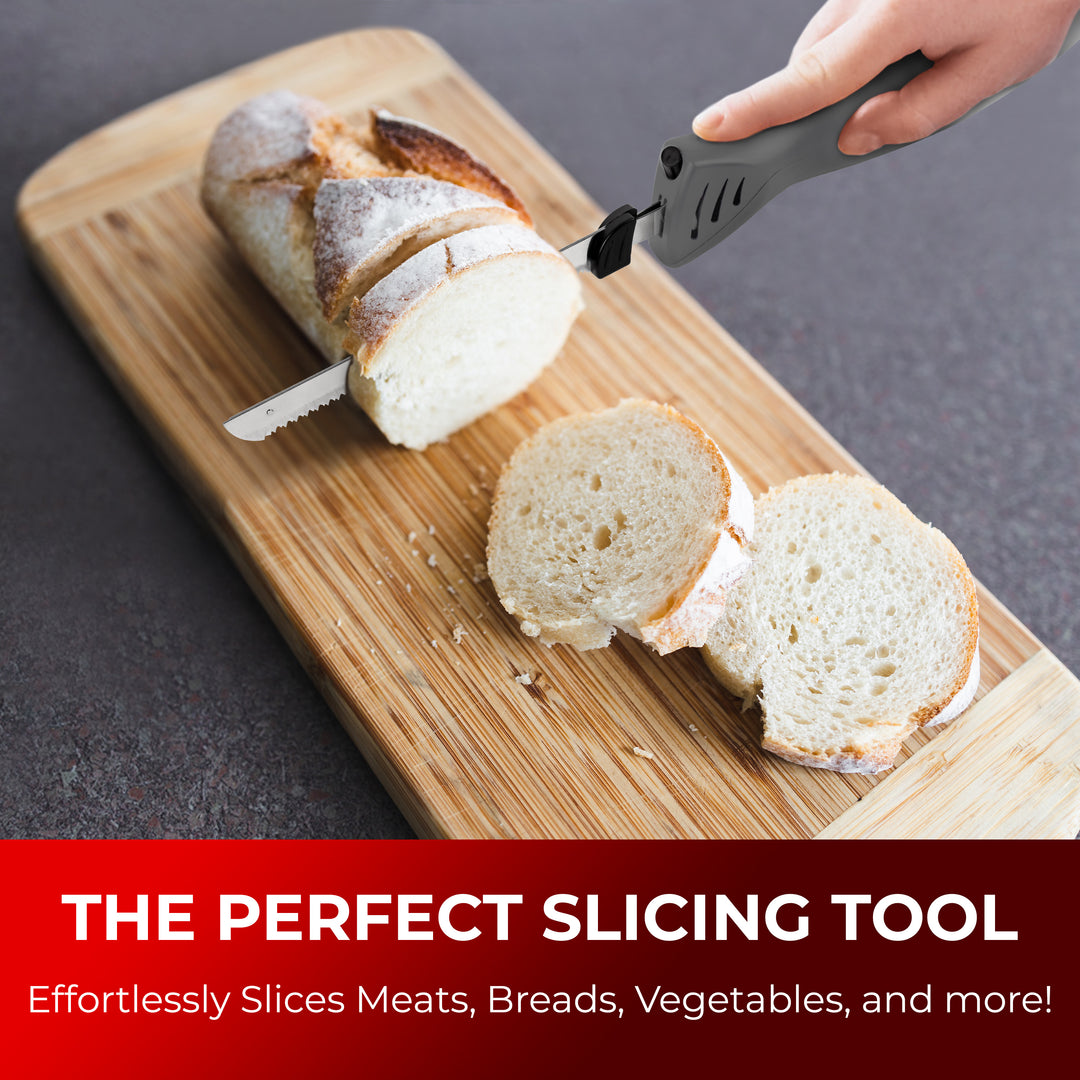 Knife slicing bread on a wooden board with promotional text about the perfect slicing tool.