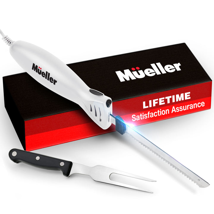 Mueller Ultra Carver electric knife white with accessories on a white background