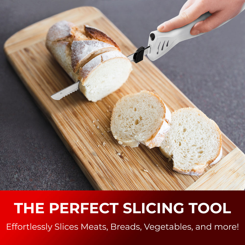 Mueller Ultra Carver electric knife white slicing bread on a wooden board with promotional text about the perfect slicing tool.