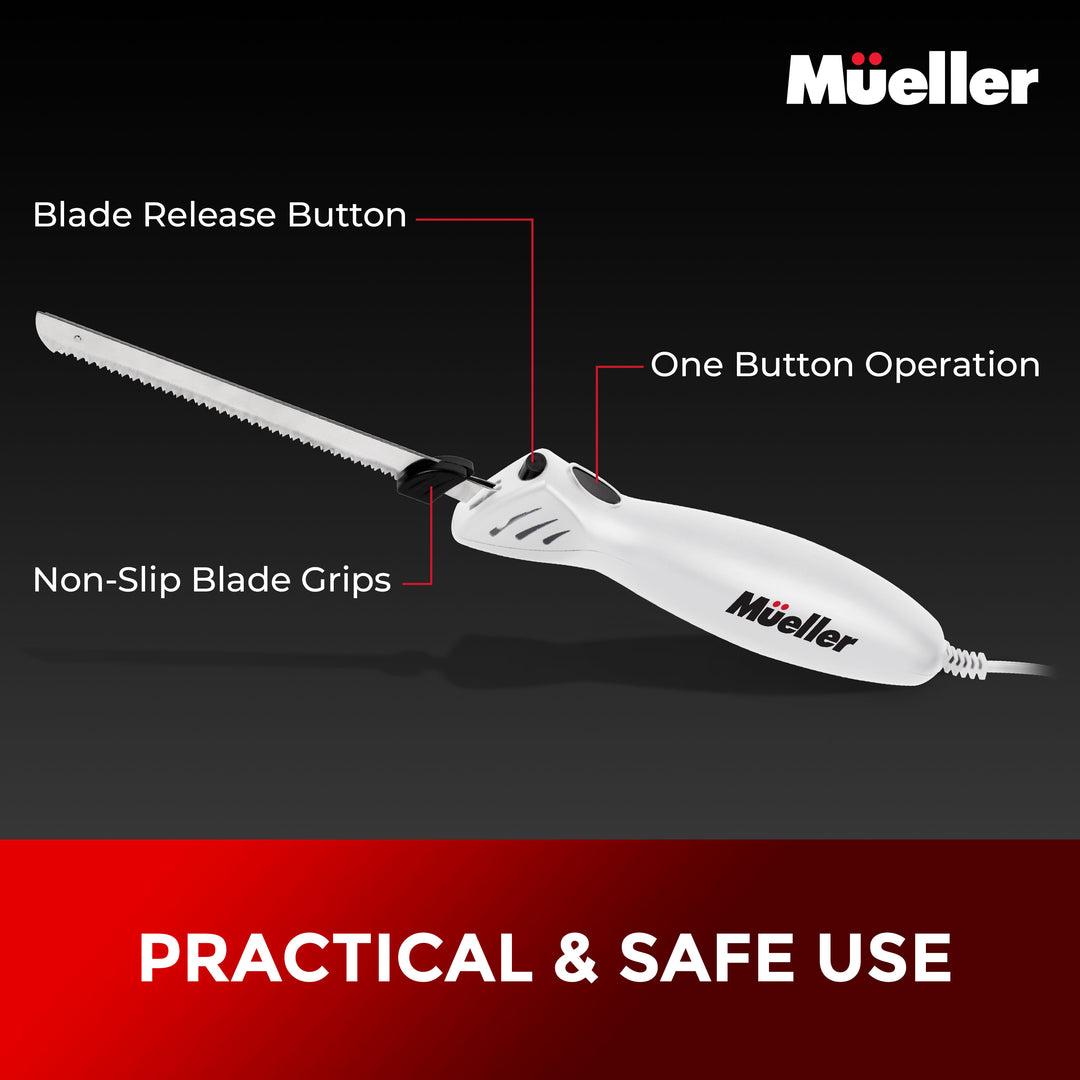 Mueller Ultra Carver electric knife white with features highlighted on a black background