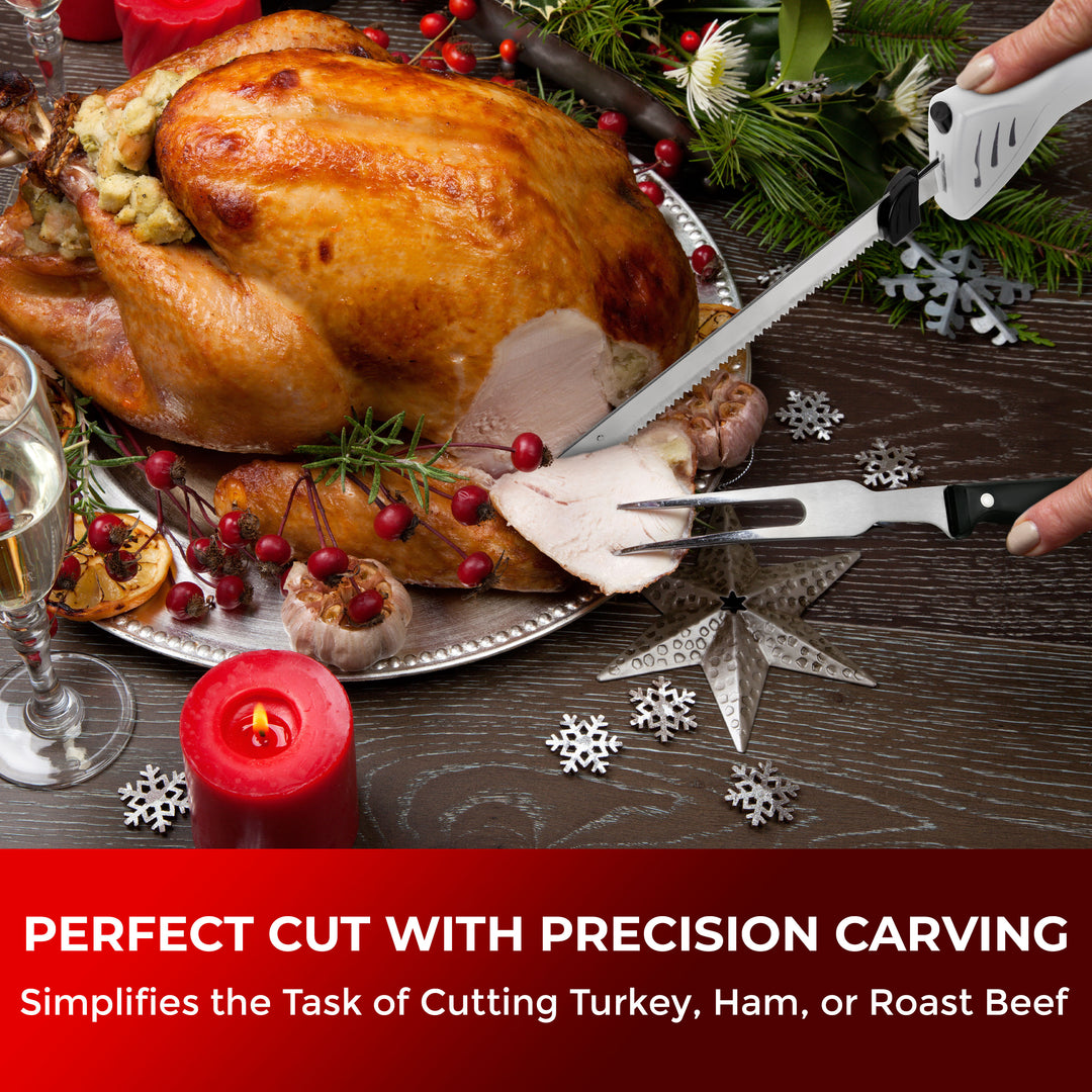 Roasted turkey being carved with a precision carving tool on a festive table setting.