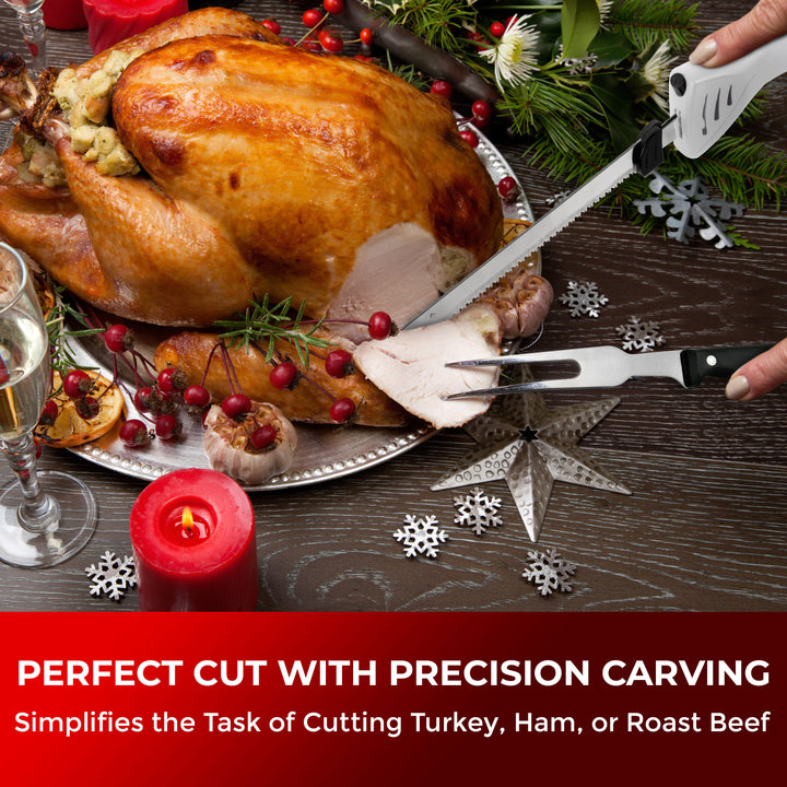 Roasted turkey being carved with a precision carving tool on a festive table setting.
