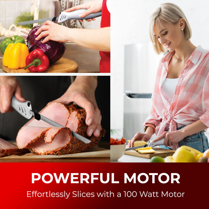 Collage of people using a Mueller Ultra Carver electric knife white with text about a powerful motor.