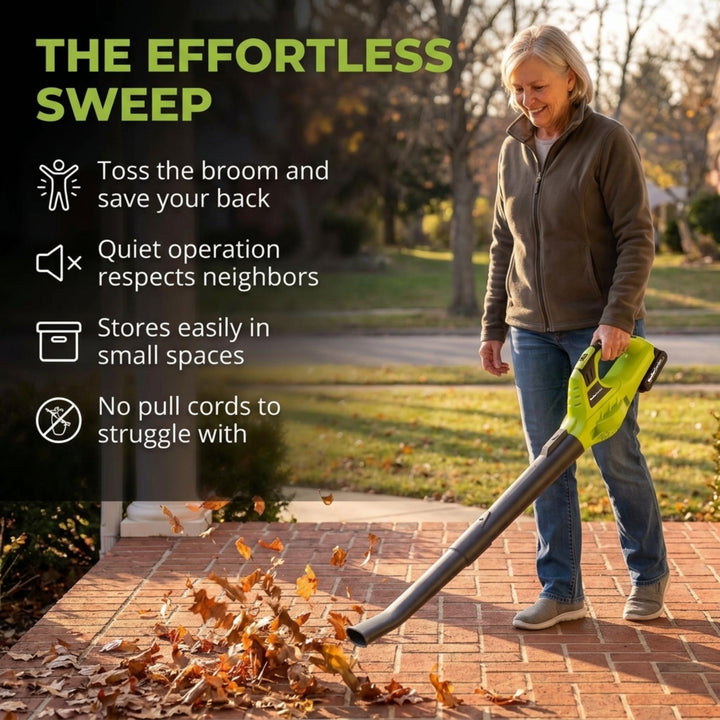 Woman cleaning leaves with Mueller Leaf Blower.