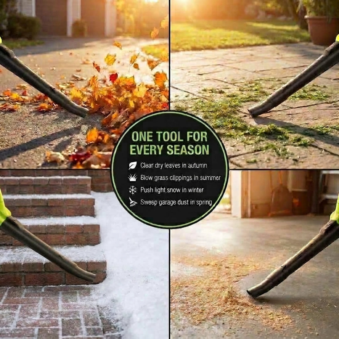 A four-panel collage showing a Mueller Leaf blower in use outdoors on different seasons/tasks: autumn leaves, grass clippings, snow, and dust. A central circular badge reads 'ONE TOOL FOR EVERY SEASON' with bullet points.