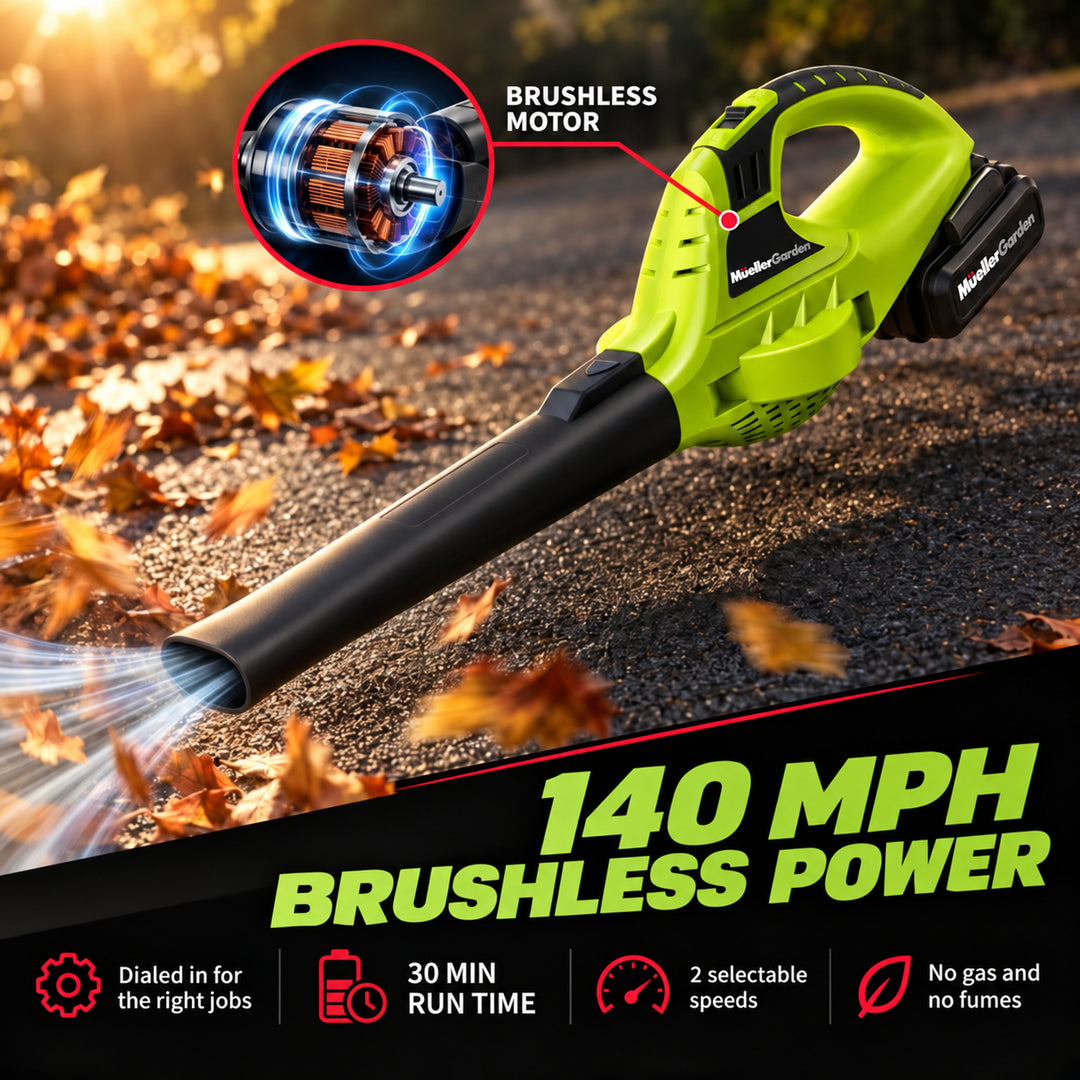 A cordless Mueller leaf blower shown on a paved road with fallen leaves, featuring a bright lime green and black body.