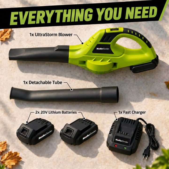 Mueller ultra-storm blower set shown with labeled accessories on a light stone surface: one lime green and black handheld blower, one detachable hose, two black lithium batteries, and one black fast charger.
