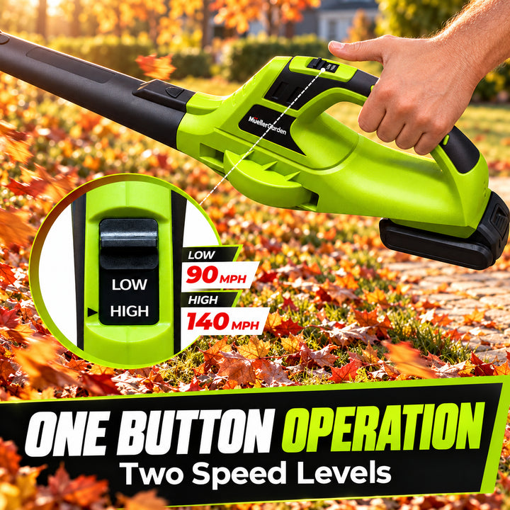 A Mueller leaf blower shown in a lifestyle outdoor setting with a person's hand gripping it, blowing across fallen autumn leaves. 