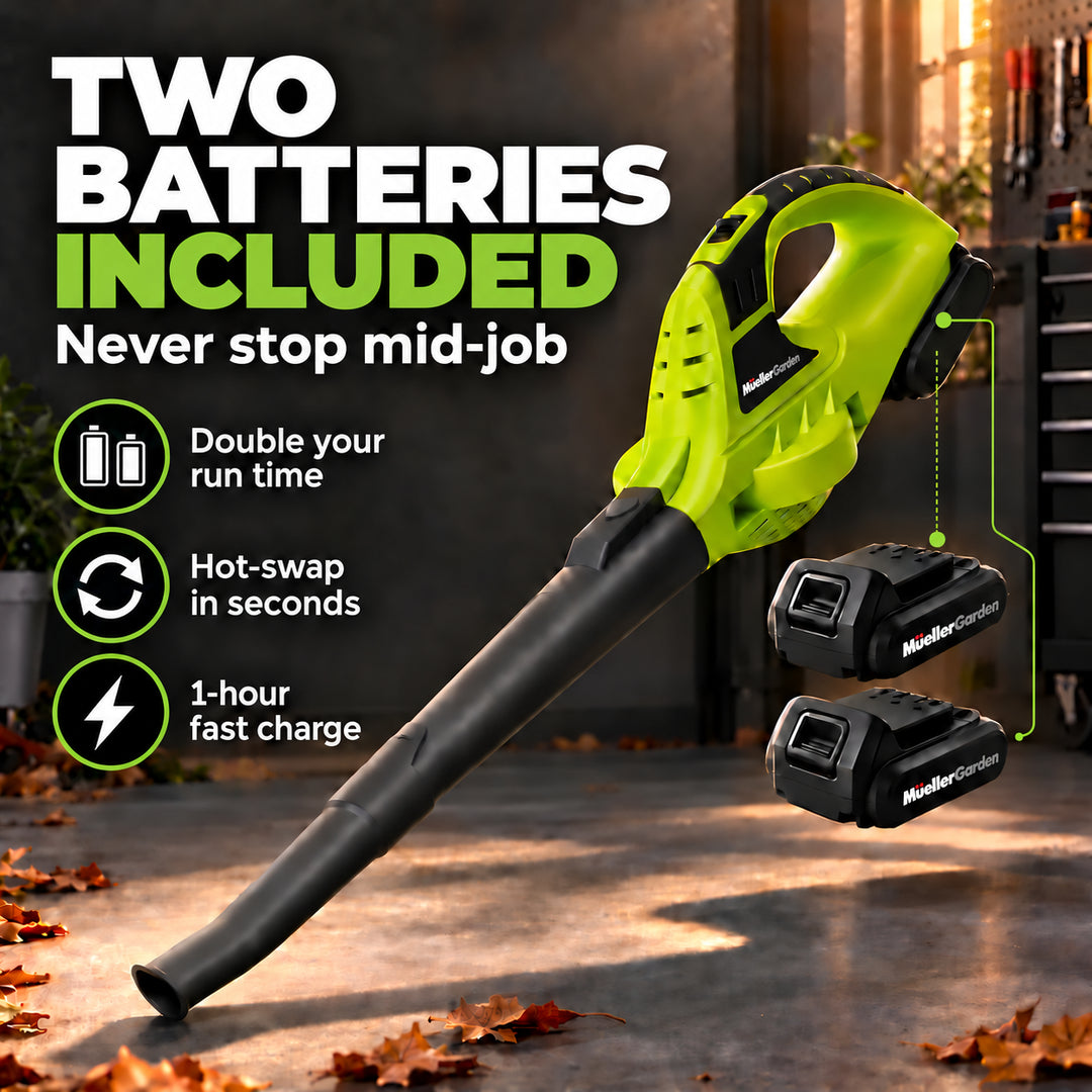 A Mueller leaf blower with a bright lime green and black handle and a long black nozzle, shown in a garage setting.