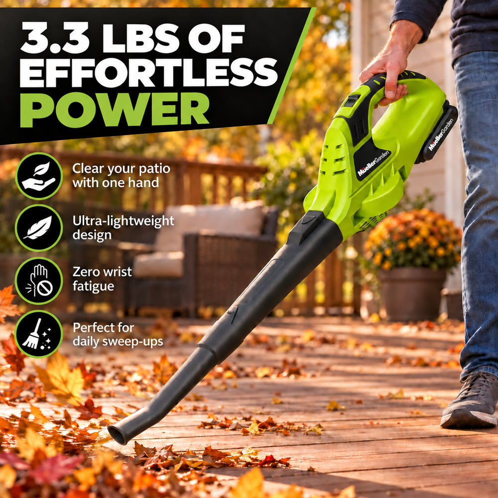 A person using a Mueller leaf blower on a wooden deck covered with fallen leaves.