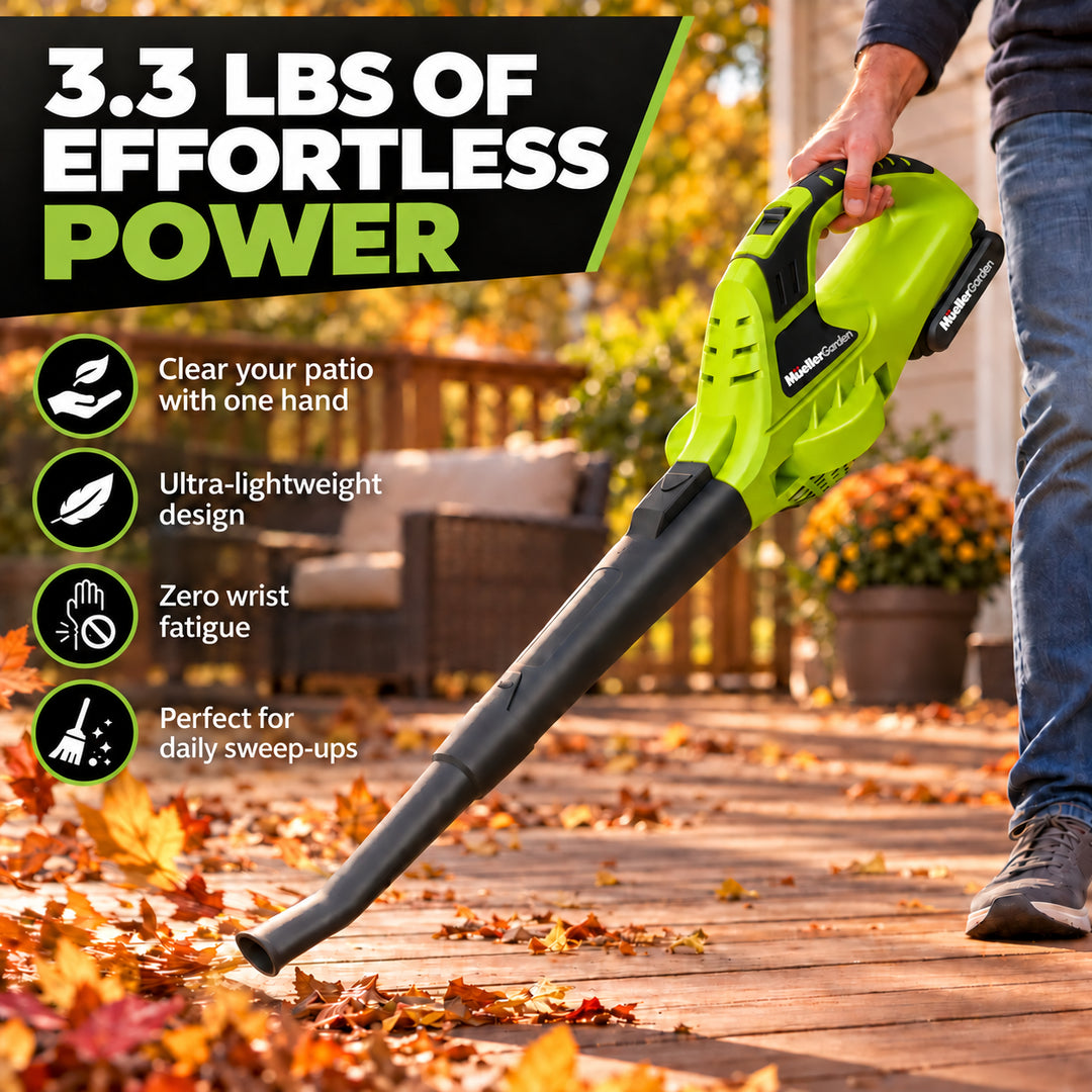 A person using a Mueller leaf blower on a wooden deck covered with fallen leaves.