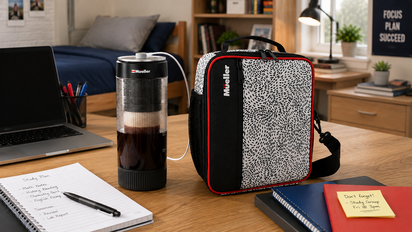 A Mueller insulated lunch bag with a black-and-white spotted pattern and red trim sits on a wooden desk next to a matching Mueller portable coffee maker. The scene is a styled home office with a laptop, notebook, and books in the background.