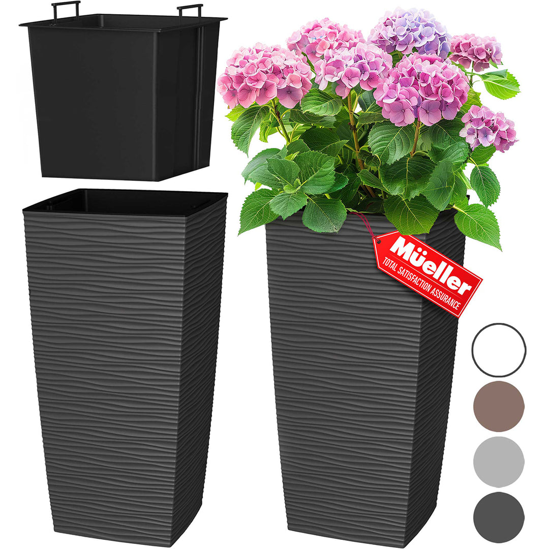 Black rectangular planter with pink flowers and a 'Mueller' brand label on a white background.