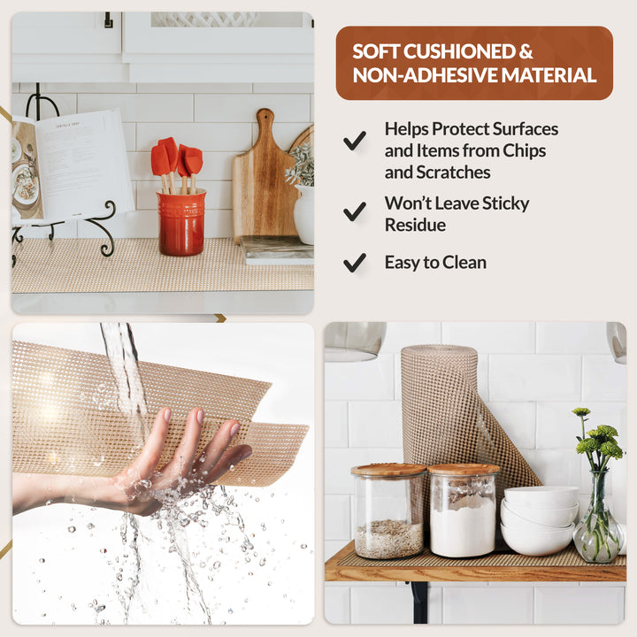 Mueller drawer and shelf liner beige advertisement showing a soft cushioned and non-adhesive material with kitchen application examples.