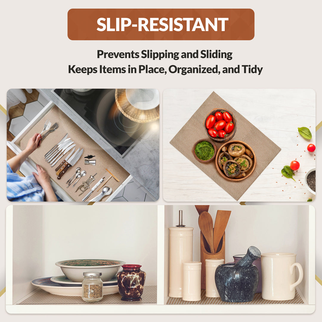Collage of kitchen scenes with slip-resistant mats and surfaces, emphasizing organization and cleanliness.