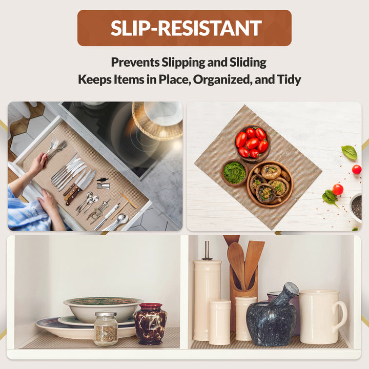 Collage of kitchen scenes with slip-resistant mats and surfaces, emphasizing organization and cleanliness.