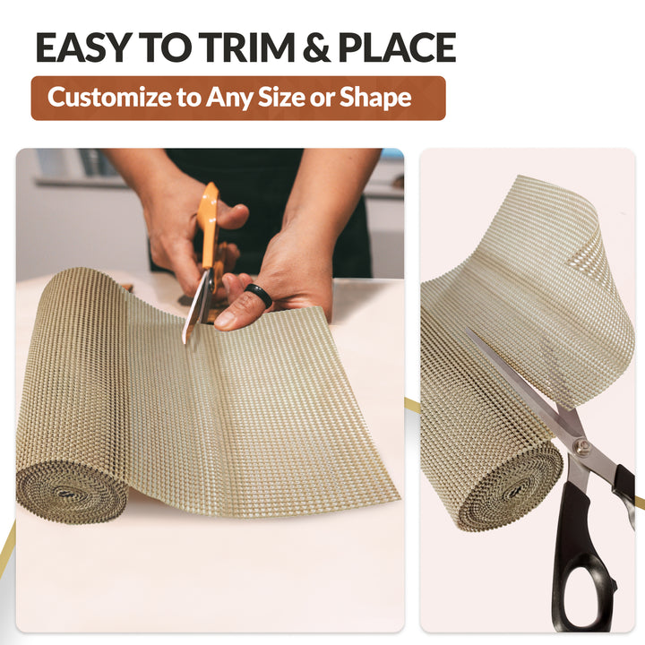 Roll of Mueller drawer and shelf liner beige with scissors being used to cut it, with text 'Easy to trim & place, customize to any size or shape'.