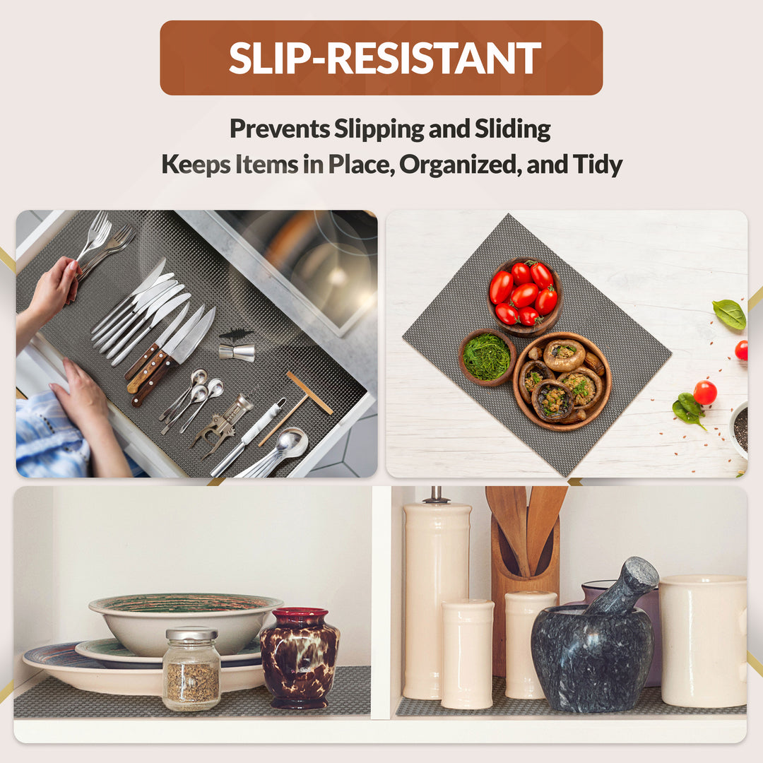 Slip-resistant mats preventing slipping and sliding, keeping items organized and tidy.