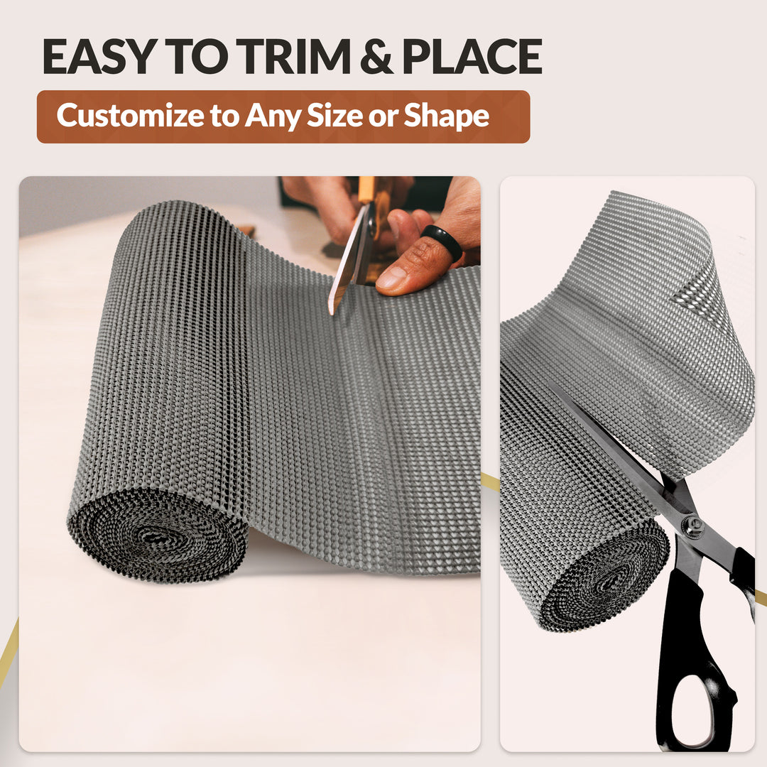 Mueller drawer and shelf liner dark gray with scissors and text indicating ease of trimming and customization.
