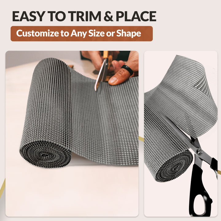 Mueller drawer and shelf liner dark gray with scissors and text indicating ease of trimming and customization.