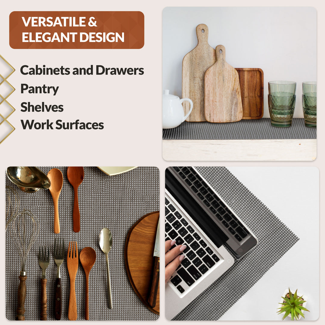 Collage of kitchen items including wooden cutting boards, utensils, and a laptop on a desk.