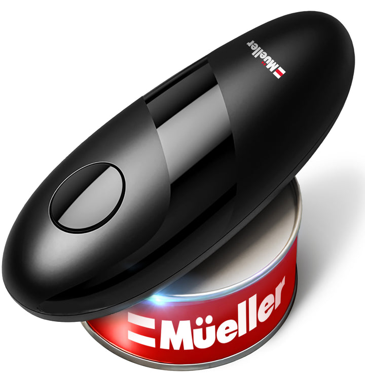 Black can opener on a white background with 'Mueller branding.