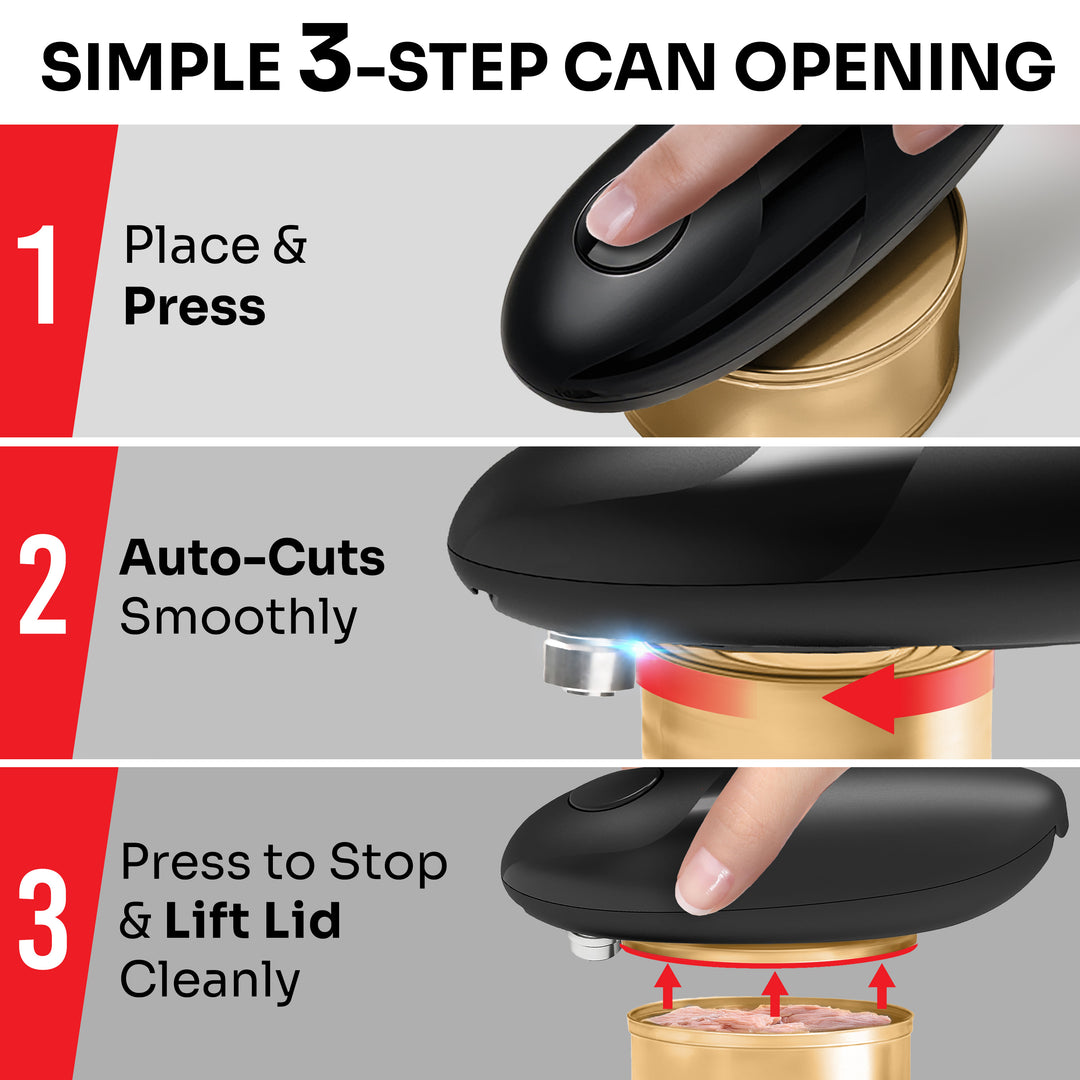 Three-step can opener demonstration with text labels on a gray background