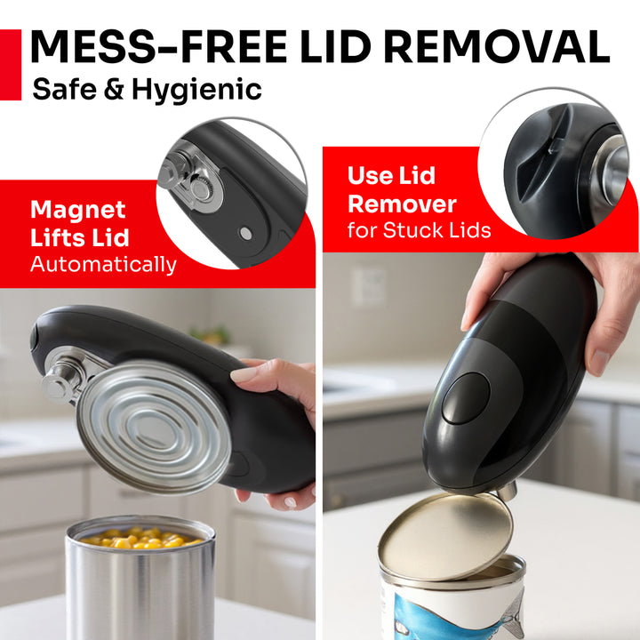 Magnet lid remover for cans with text highlighting mess-free lid removal and safety features.