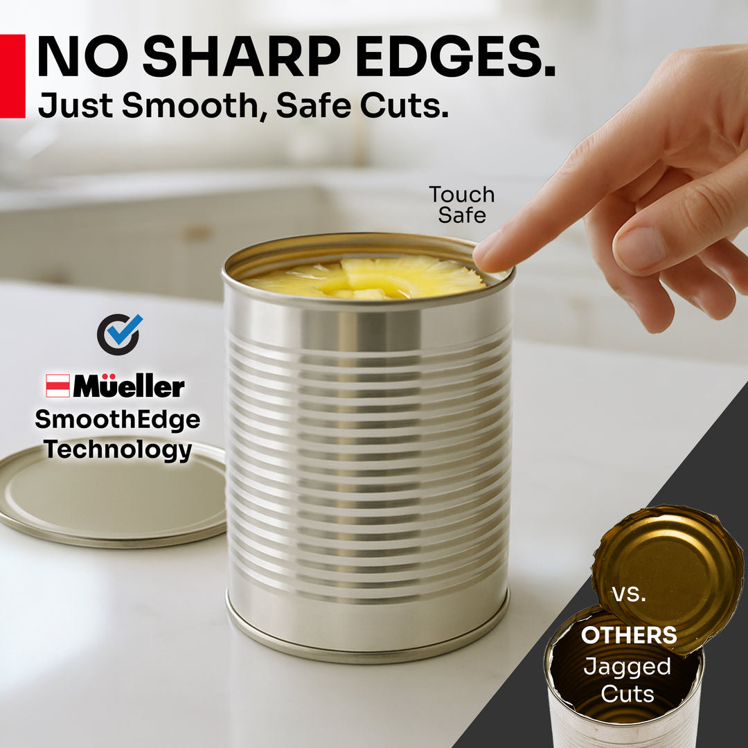 Can opener with smooth edge technology being used on a can, emphasizing safety and quality.