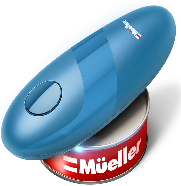 Blue can opener on a white background with 'Mueller branding.
