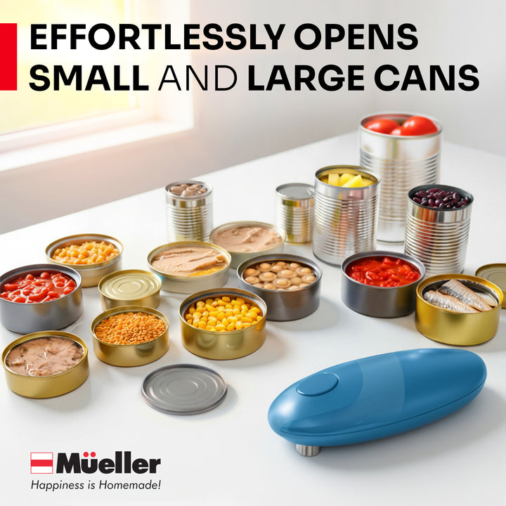 Müller black can opener with open cans on a white surface