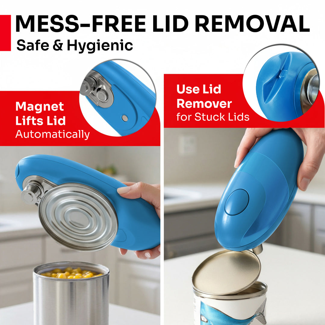 Magnet lid remover for cans with text highlighting mess-free lid removal and safety features.