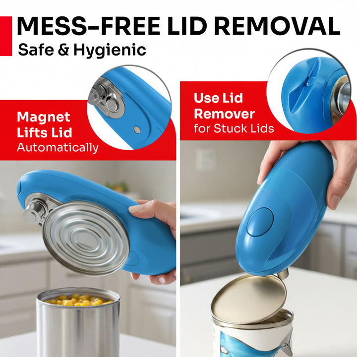 Magnet lid remover for cans with text highlighting mess-free lid removal and safety features.