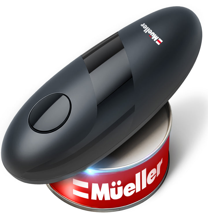 Gray can opener on a white background with 'Mueller branding.