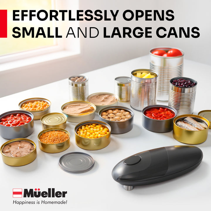 Müller black can opener with open cans on a white surface