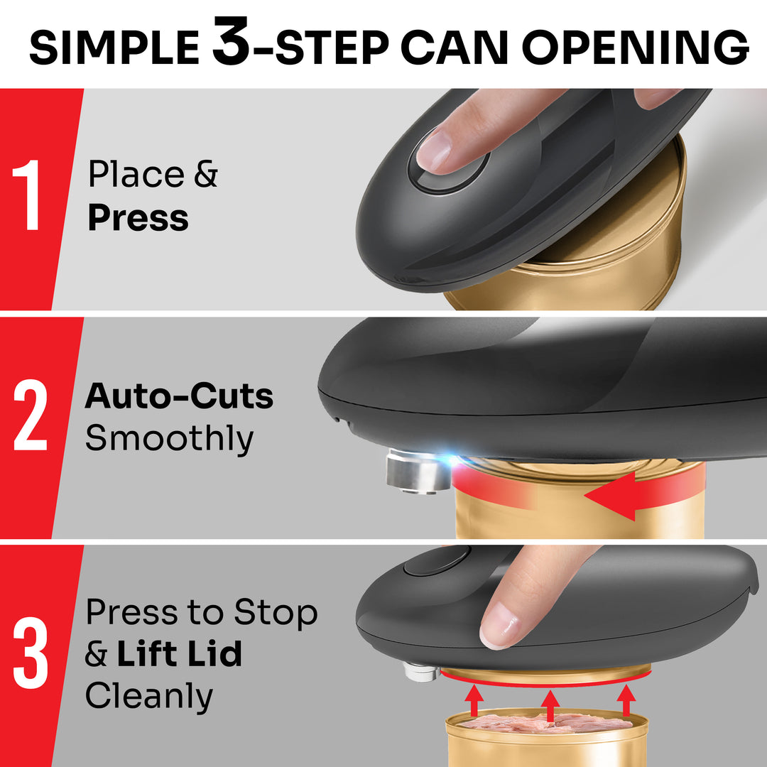 Three-step can opener demonstration with text labels on a gray background
