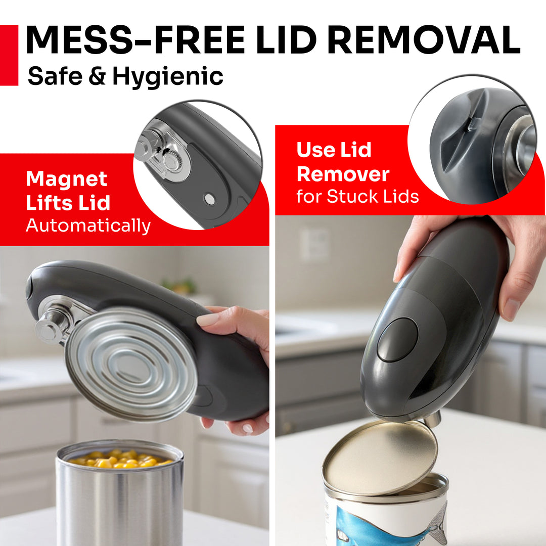 Magnet lid remover for cans with text highlighting mess-free lid removal and safety features.