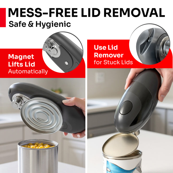 Magnet lid remover for cans with text highlighting mess-free lid removal and safety features.