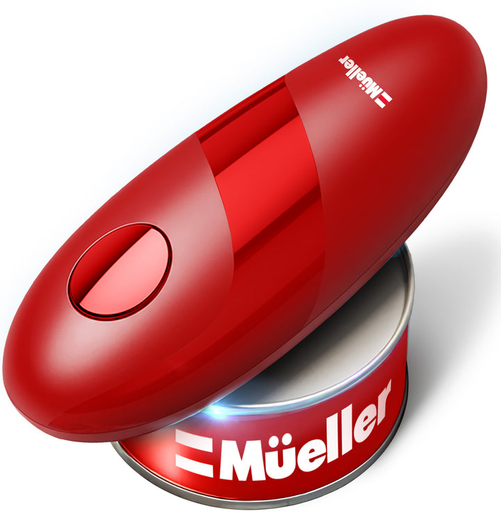Red can opener with 'Muller' branding on a white background