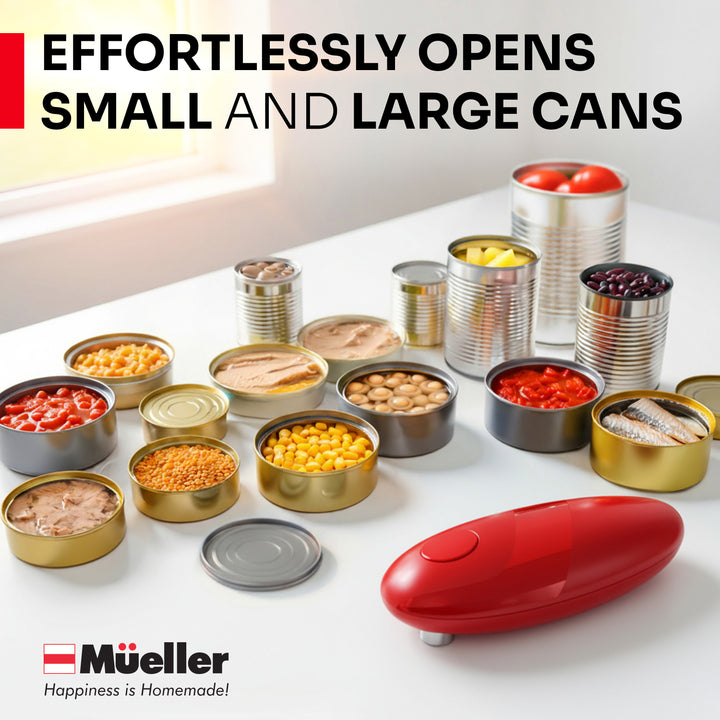 Müller red can opener with open cans on a white surface