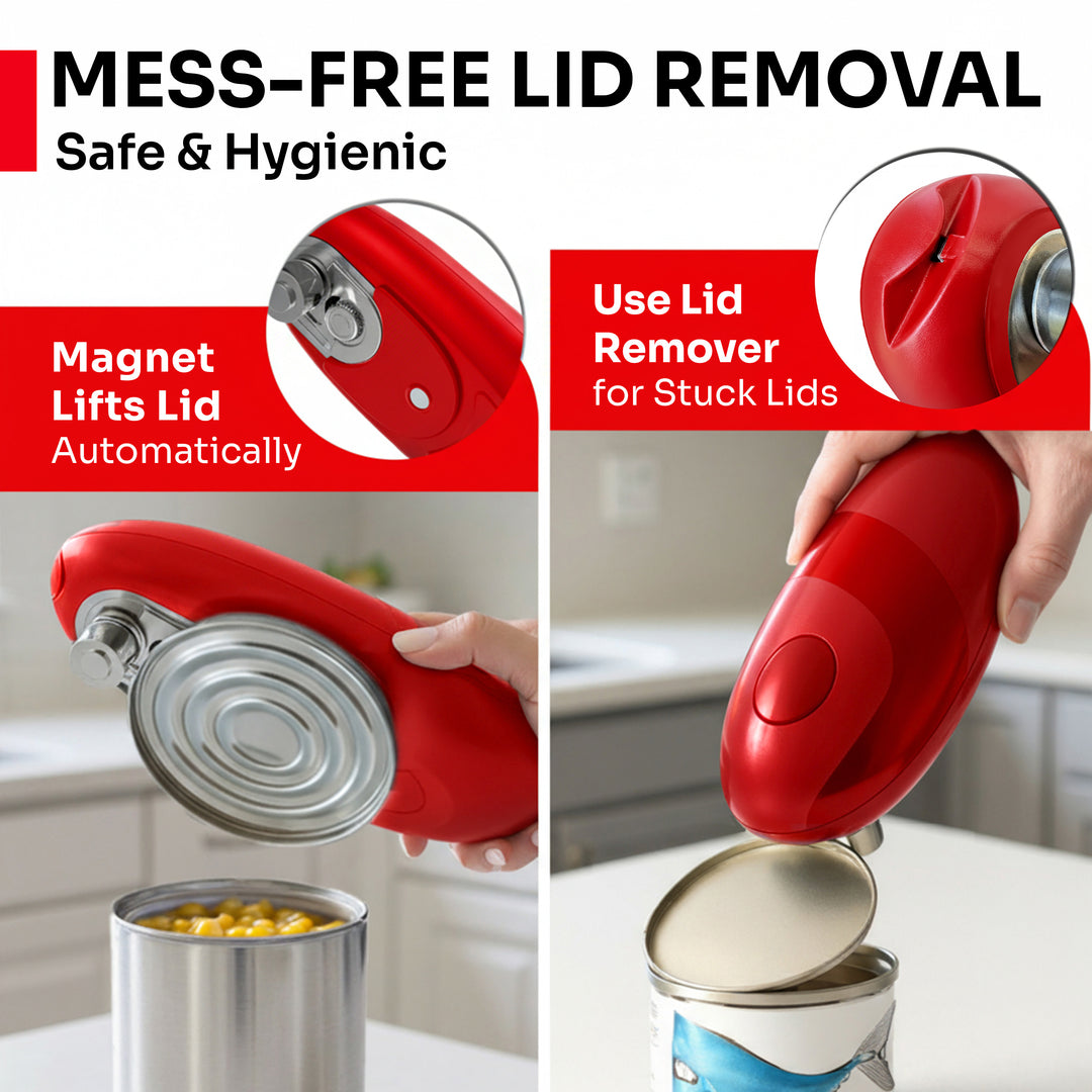 Magnet lid remover for cans with text highlighting mess-free lid removal and safety features.
