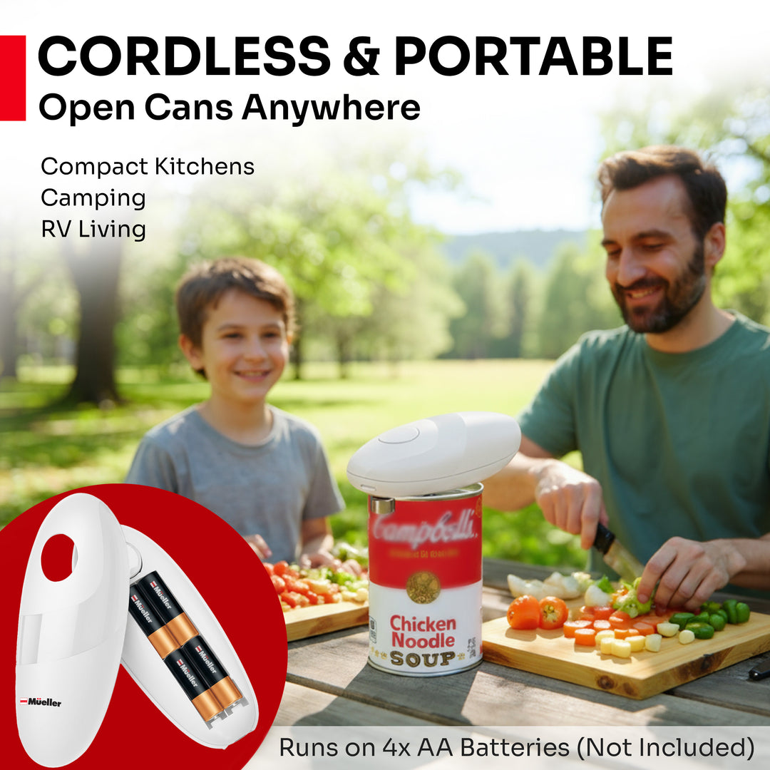 Man and child preparing food outdoors with a can opener and  Chicken Noodle Soup can getting opened