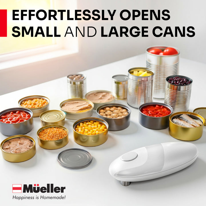 Muller white can opener with open cans on a white surface
