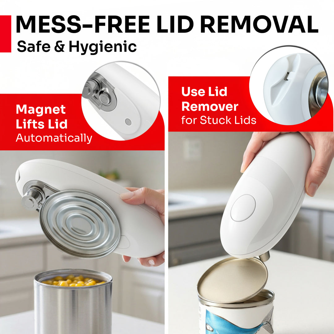 Magnet lid remover for cans with text highlighting mess-free lid removal and safety features.