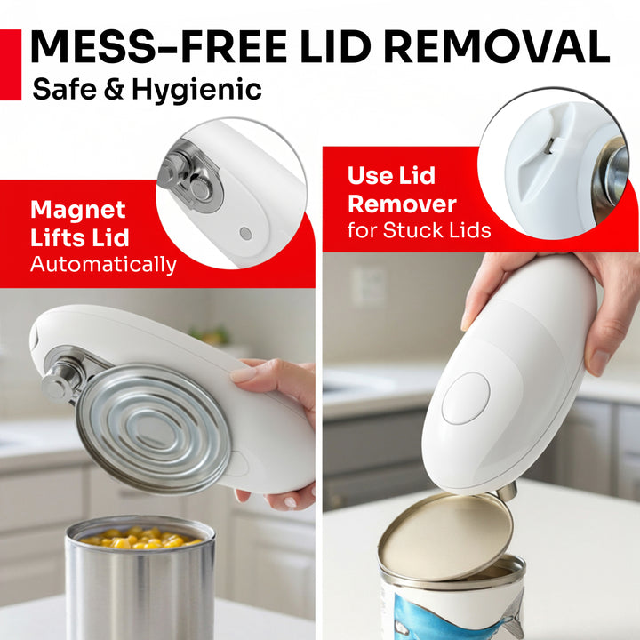 Magnet lid remover for cans with text highlighting mess-free lid removal and safety features.