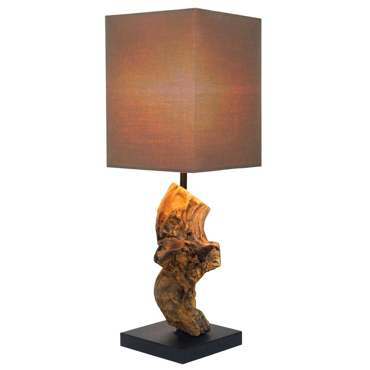 Table lamp with a brown textured shade and wooden base on a white background