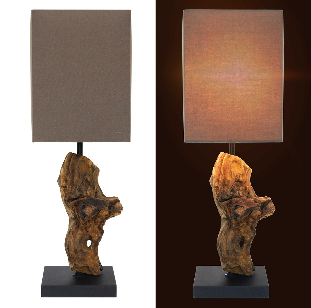 Table lamp with natural wood base and brown lampshade on a white background
